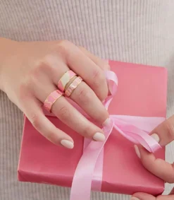 Clearance Bague Ajustable Big Striped Candy Pink White Femme Bagues