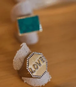 Hot Bague Chevaliere Love Or Jaune Saphirs Blancs Femme Bagues