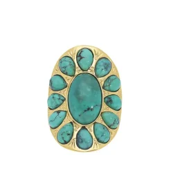 New Bague Navajo Plaque Or Et Turquoise Femme Bagues