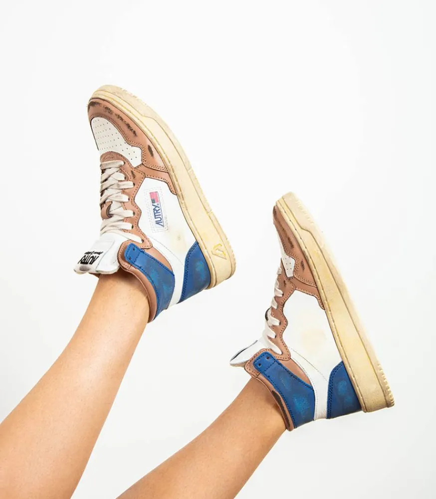 Baskets Super Vintage Mid Cafe Et Bleu Femme Baskets