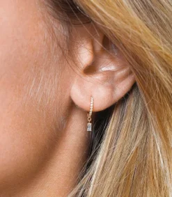 Online Creole Or Jaune Demi-Pavee Diamants Et 1 Diamant Baguette Femme Boucles D'Oreilles