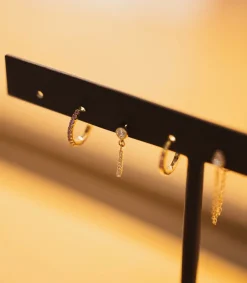 Hot Mini Creole Or Jaune, Semi Pavee Saphirs Roses Femme Boucles D'Oreilles