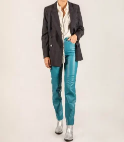Pantalon En Cuir Bleu Turquoise Femme Bas