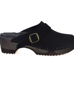 Online Sabots En Daim Noir/Shearling Gris Femme Sabots