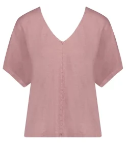 Sale Tee-Shirt Col V Manches Courtes En Lin Bois De Rose Femme Hauts