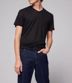 Online Tee-Shirt Homme Col V Manches Courtes Lin Noir Homme Tee-Shirts