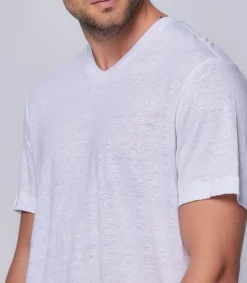Sale Tee-Shirt Homme Col V Manches Courtes Lin Blanc Homme Tee-Shirts